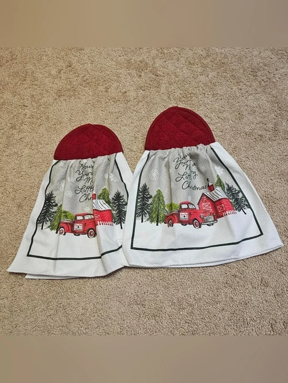2 Handcrafted Towels Attached To Potholders | Christmas